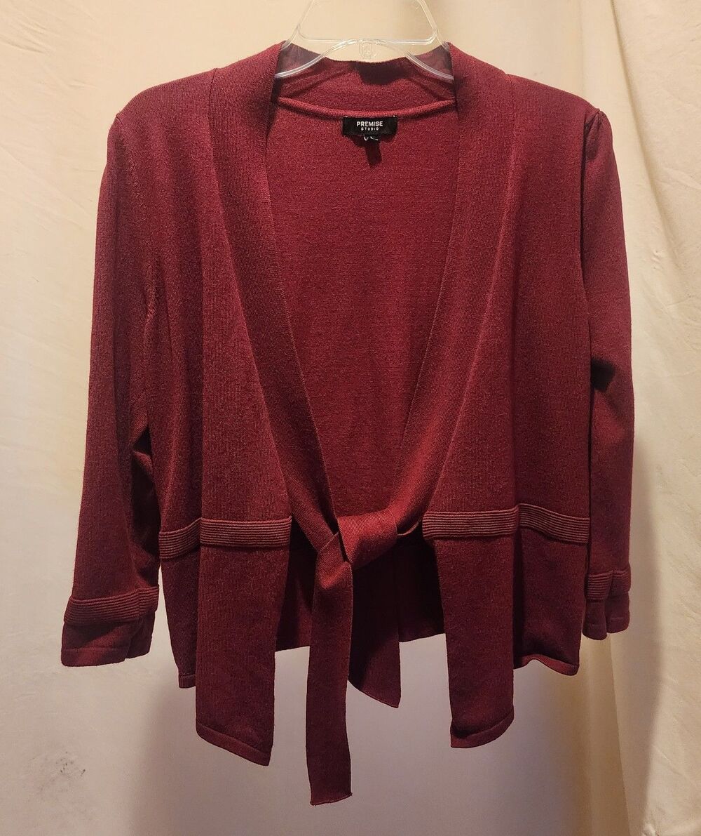 Premise Studio Burgundy Open Front Tie Cardigan Sweater Women L